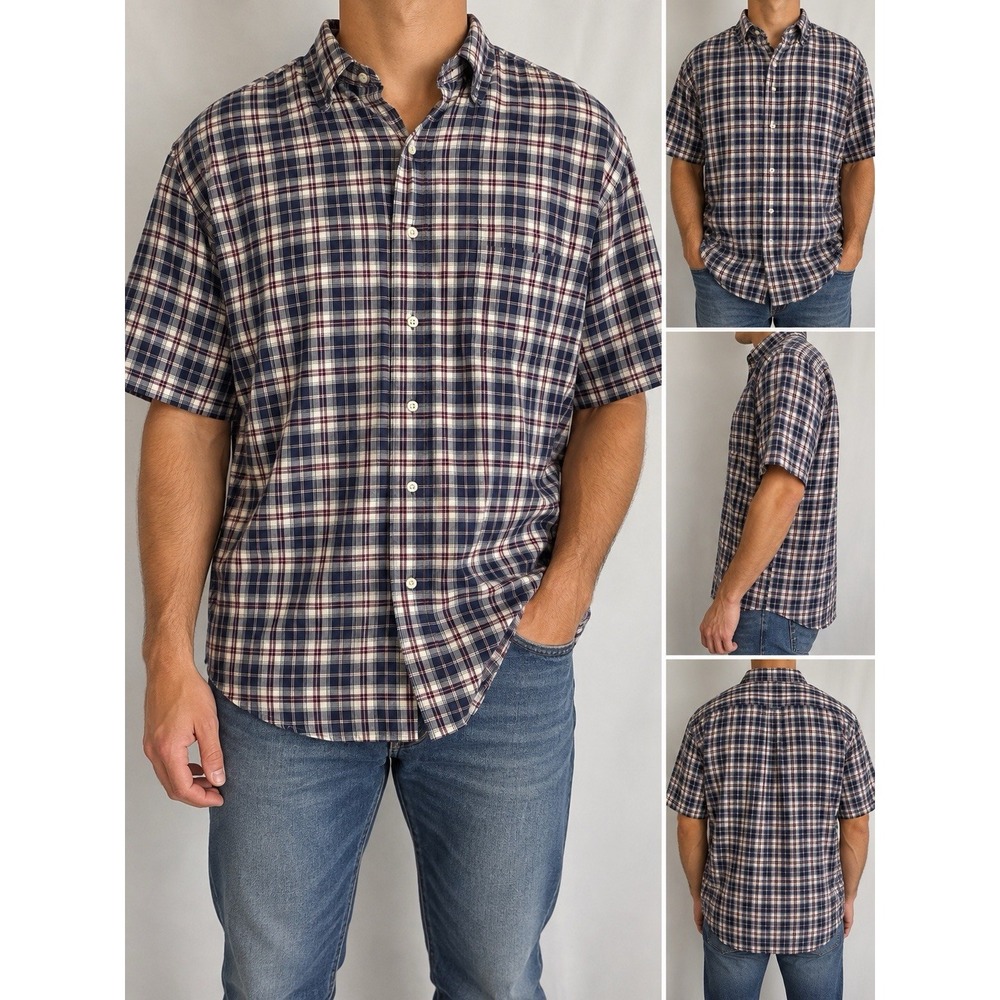 Eddie Bauer Men's XL Tall 100% Cotton Navy Plaid Button Down Shirt